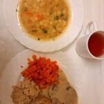 Obiad: Grochowa z ziemniakami 500 ml Kasza jęczmienna/sypko 200 g Pieczeń rzymska wieprzowa 100 g Sos pieczarkowy 100 ml Marchew gotowana z olejem 150 g Kompot owocowy z jabłkami* z/c 250 ml